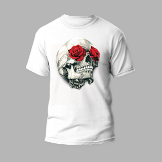 white round neckt-shirt with rose skull 2 design